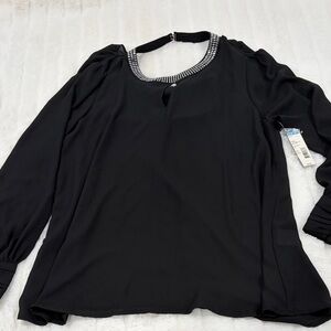 Metaphor Black Blouse with Embellished Neckline